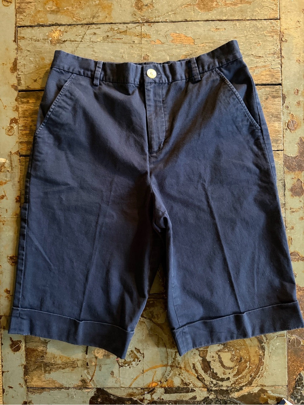 Ralph Lauren Active Navy Flat Front Cotton Cuffed Bermuda Shorts with Pockets